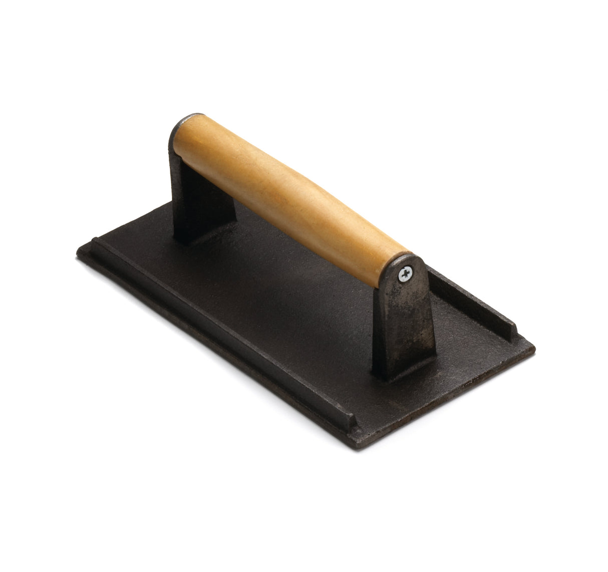 A heavy, rectangular cast iron steak weight with a flat black base and a smooth wood handle attached by two metal supports on either side. The tool rests on a plain white background.
