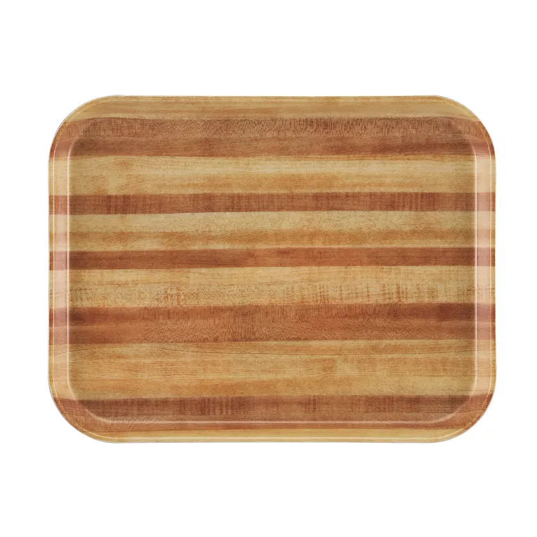 A rectangular Camtray serving tray with rounded corners, crafted from high-impact fiberglass. It features a light and dark natural wood grain striped pattern with a smooth, glossy surface and is dishwasher safe, set against a plain white background.