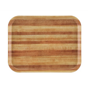 A rectangular Camtray serving tray with rounded corners, crafted from high-impact fiberglass. It features a light and dark natural wood grain striped pattern with a smooth, glossy surface and is dishwasher safe, set against a plain white background.