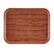 A rectangular Camtray with rounded corners, featuring a glossy finish and warm brown wood grain. This high-impact fiberglass tray is dishwasher safe and empty, viewed from above against a plain white background.