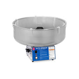 A Gold Medal Products Candy Floss Machine with a blue Auto Breeze control panel featuring switches, a dial, indicator lights, a large round spinning bowl with mesh rim, and safety instructions, set against a white background.