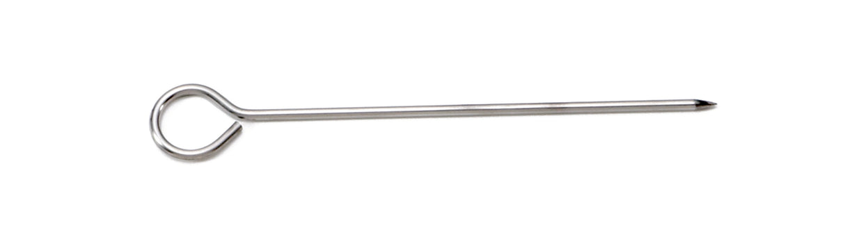 A single 6 inch stainless steel skewer trussing needle with a pointed tip and large looped eye for threading, shown on a white background. The straight, shiny needle is typically used for sewing meats or poultry and is easy to clean.