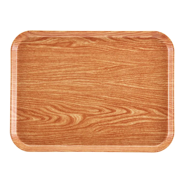 A rectangular Camtray serving tray with rounded corners features a light brown, woodgrain pattern; made from high-impact fiberglass, its smooth, glossy surface has natural-looking swirls. The background is plain white and the tray is dishwasher safe.