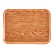 A rectangular Camtray serving tray with rounded corners features a light brown, woodgrain pattern; made from high-impact fiberglass, its smooth, glossy surface has natural-looking swirls. The background is plain white and the tray is dishwasher safe.