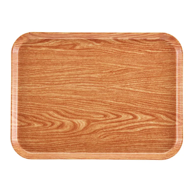 A rectangular Camtray serving tray with rounded corners features a light brown, woodgrain pattern; made from high-impact fiberglass, its smooth, glossy surface has natural-looking swirls. The background is plain white and the tray is dishwasher safe.