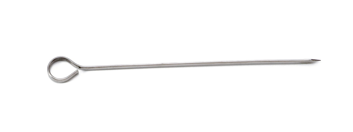 A single 8 inch stainless steel skewer with a sharp pointed tip on one end and a circular loop handle on the other, lying horizontally on a white background. Thin, silver-colored, and dishwasher safe—perfect for holding food items while cooking.