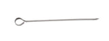 A single 8 inch stainless steel skewer with a sharp pointed tip on one end and a circular loop handle on the other, lying horizontally on a white background. Thin, silver-colored, and dishwasher safe—perfect for holding food items while cooking.