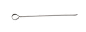 A single 8 inch stainless steel skewer with a sharp pointed tip on one end and a circular loop handle on the other, lying horizontally on a white background. Thin, silver-colored, and dishwasher safe—perfect for holding food items while cooking.