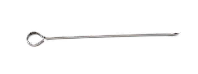 A single 8 inch stainless steel skewer with a sharp pointed tip on one end and a circular loop handle on the other, lying horizontally on a white background. Thin, silver-colored, and dishwasher safe—perfect for holding food items while cooking.