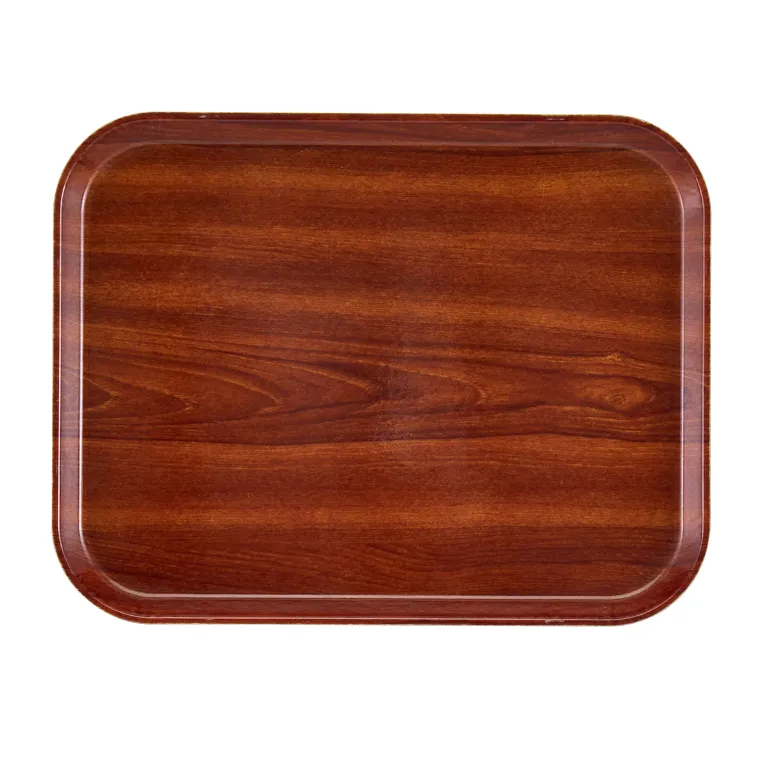 A rectangular fiberglass tray with rounded corners and a glossy finish. This serving Camtray features visible wood grain patterns, a slightly raised edge, and a rich medium brown color. Dishwasher safe. The background is plain white.