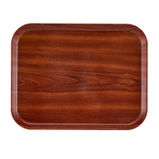 A rectangular Camtray fiberglass tray with rounded corners, featuring a glossy finish and visible wood grain patterns in rich brown tones. The tray is empty, dishwasher safe, and set against a plain white background.