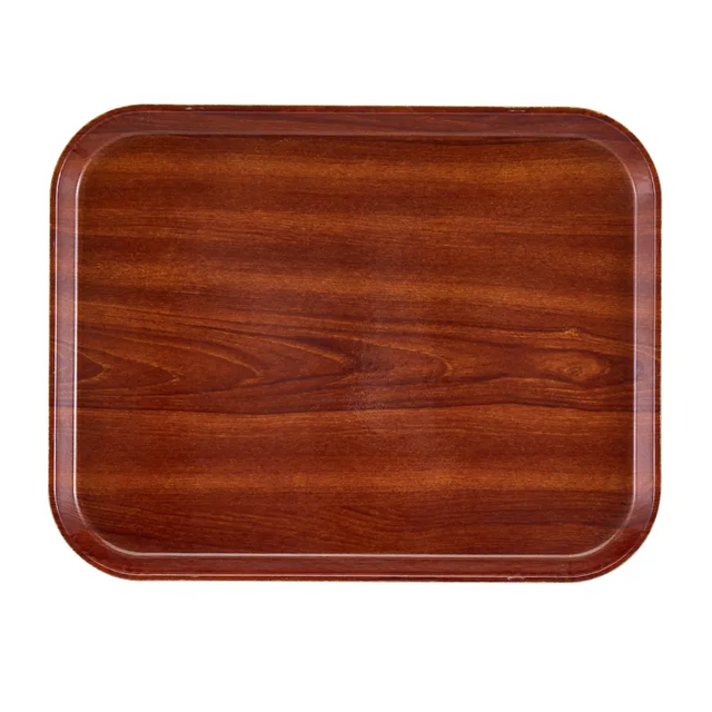 A rectangular Camtray fiberglass tray with rounded corners, featuring a glossy finish and visible wood grain patterns in rich brown tones. The tray is empty, dishwasher safe, and set against a plain white background.