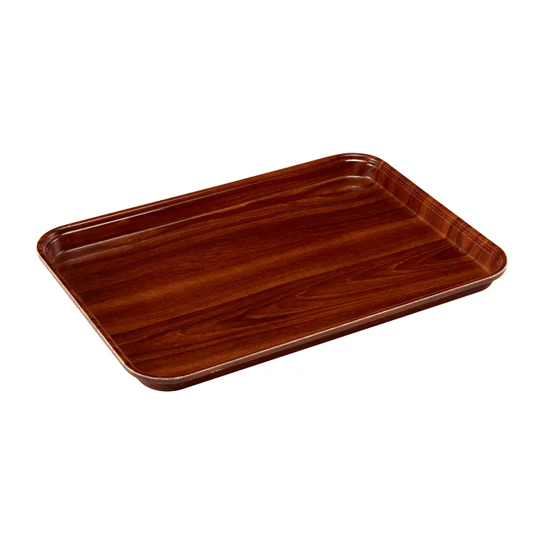 A rectangular brown Camtray with rounded corners, raised edges, and a glossy finish. This high-impact fiberglass tray features a wood grain pattern for a polished wooden look, set against a plain white background.
