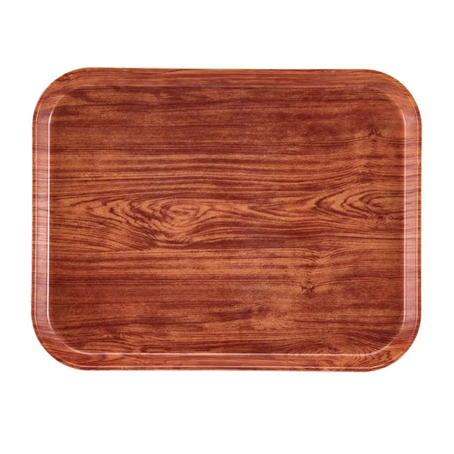 A rectangular Camtray serving tray with rounded corners, featuring a glossy finish and a wood grain pattern in shades of reddish brown. Made from high-impact fiberglass, this stylish tray is dishwasher safe and photographed from above on a white background.