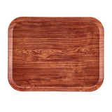 A Camtray rectangular serving tray with rounded corners, featuring a glossy finish and a wood grain pattern in warm brown tones. This high-impact fiberglass tray is empty and photographed from above on a white background.