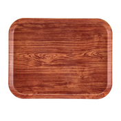 A Camtray rectangular serving tray with rounded corners, featuring a glossy finish and a wood grain pattern in warm brown tones. This high-impact fiberglass tray is empty and photographed from above on a white background.
