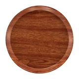 A round wooden tray with a smooth, polished surface and visible natural wood grain patterns. This dishwasher safe serving tray features a shallow rim and warm brown color, set against a plain white background.