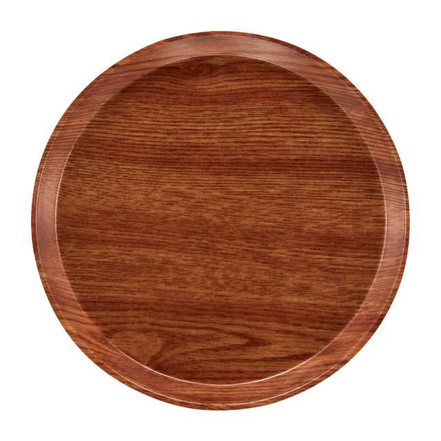 A round wooden tray with a smooth, polished surface and visible natural wood grain patterns. This dishwasher safe serving tray features a shallow rim and warm brown color, set against a plain white background.
