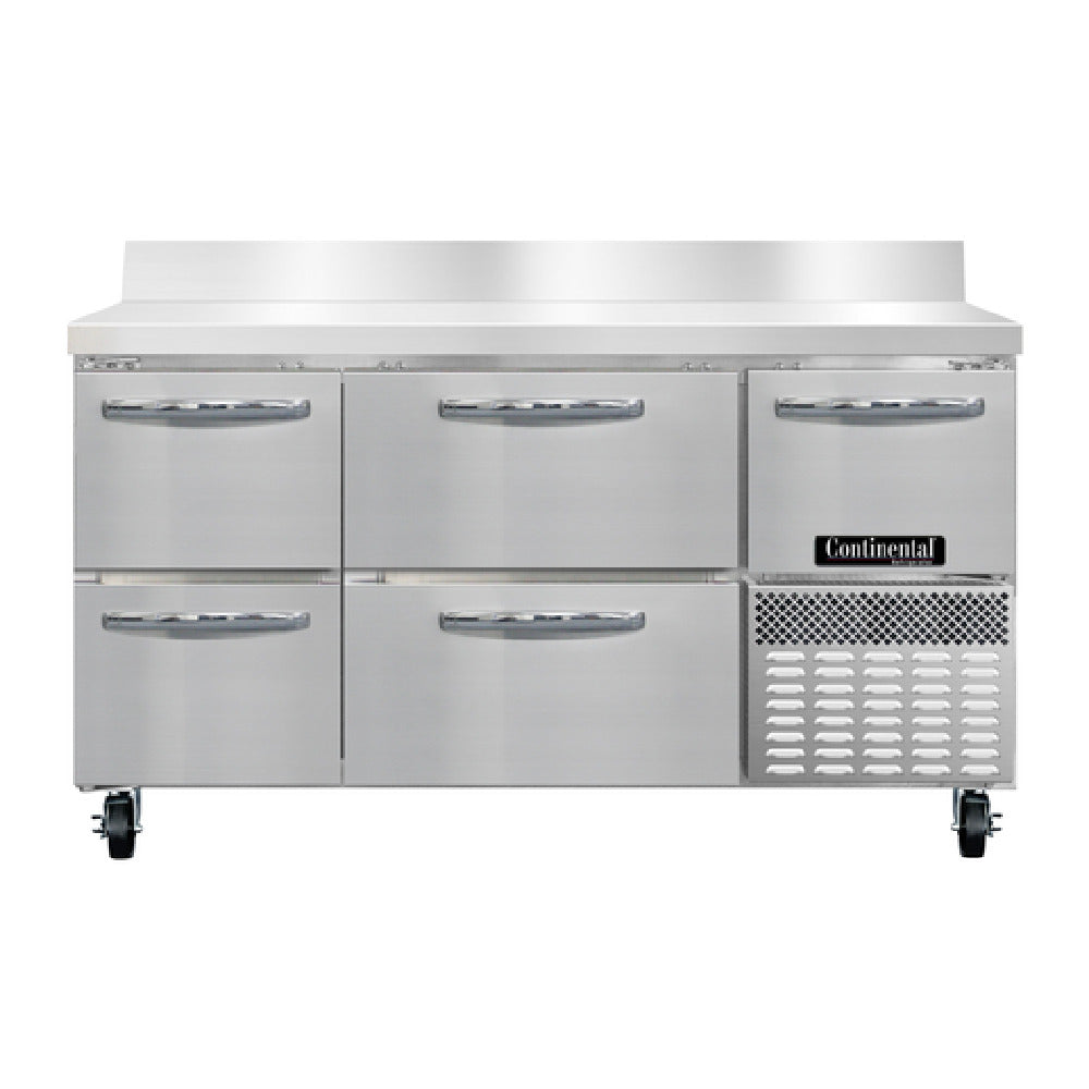 Continental Refrigerator RA60NBS-D Refrigerated Base Worktop Unit 60"W 300 Series Stainless Steel Work Top With 5-1/2"H Backsplash