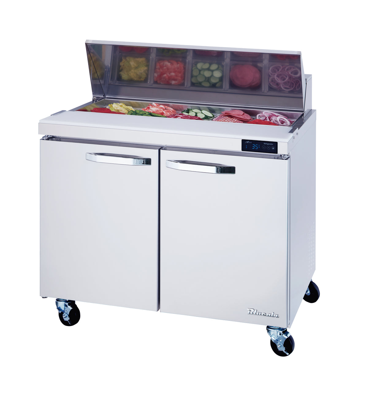 A stainless steel refrigerated prep table, the Blue Air BLPT36-HC features two doors, a prep surface, and a top section holding various sliced vegetables and meats in clear containers. The unit is on four wheels and displays a digital temperature readout.