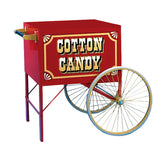 A red Floss Cart with decorative gold and white lettering reads "Cotton Candy." Featuring two large gold and silver wheels, wooden handles on the left, and a handy storage compartment, this vintage design by Gold Medal Products is festive and eye-catching.