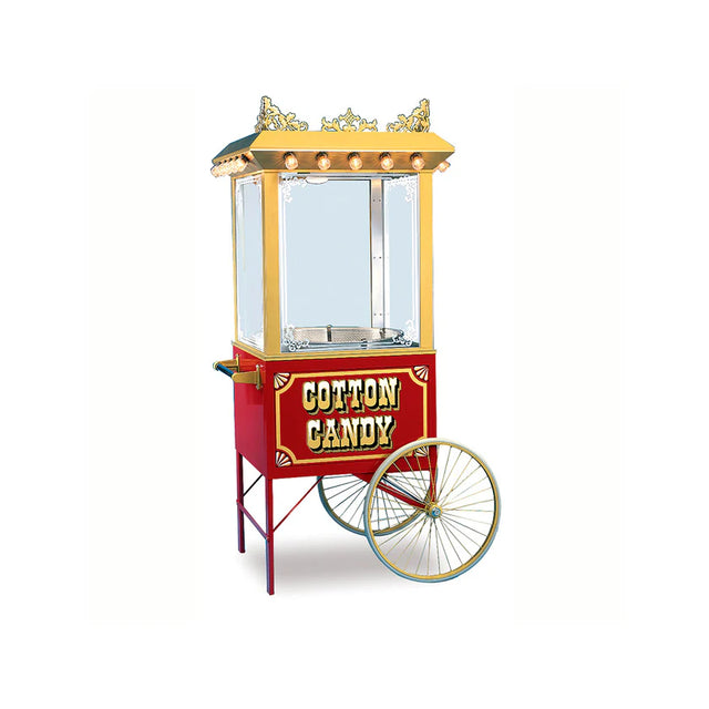 A vintage-style red and gold cotton candy cart with etched glass panels, a decorative roof, light bulbs, and large spoked wheels. The bold "Cotton Candy" sign and Antique Unifloss design complete its charming vintage look.
