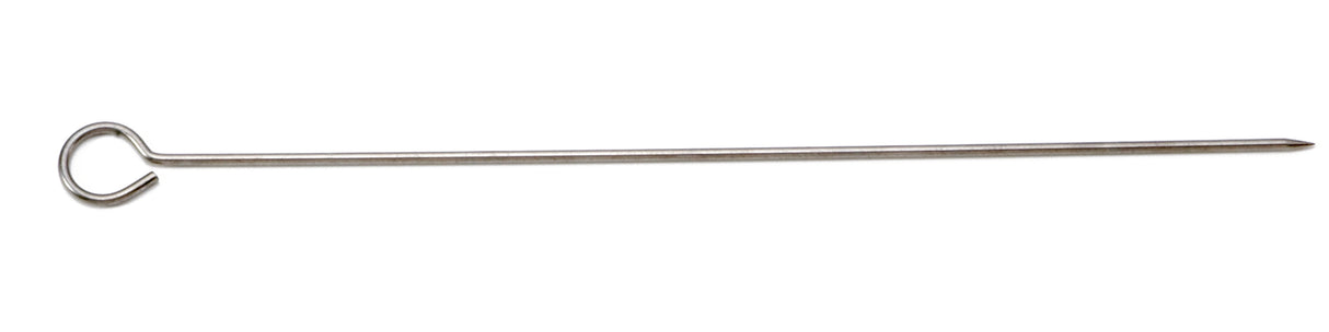 A single stainless steel skewer with a sharp pointed end and a circular loop handle at the opposite end, shown horizontally on a white background. The skewer appears clean, shiny, and dishwasher safe—ideal for grilling or holding food together.