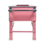 A pink rectangular Pink Floss Cart with four straight legs, a horizontal metal bar across the front, and visible metal wheels on each side. The tabletop has a rectangular cutout near the back edge. The background is plain white.