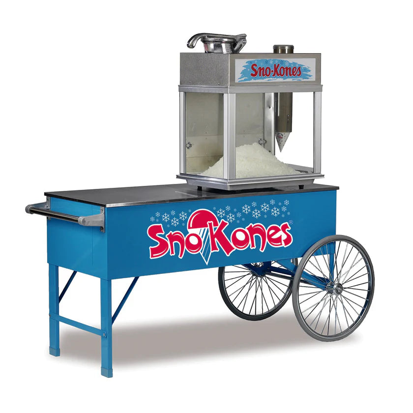 A blue Sno-Kone cart with “Sno-Kones” in red and white lettering, featuring an ice shaver machine on top filled with shaved ice. This mobile cart includes two large stainless steel wheels and a flat black countertop.