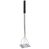 A chrome plated bean masher with a long, straight handle featuring a cool touch black grip and a flat, grid-like mashing plate at the bottom. Ideal for manually mashing potatoes or other soft foods. The background is plain white.