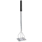 A chrome plated bean masher with a long, straight handle featuring a cool touch black grip and a flat, grid-like mashing plate at the bottom. Ideal for manually mashing potatoes or other soft foods. The background is plain white.