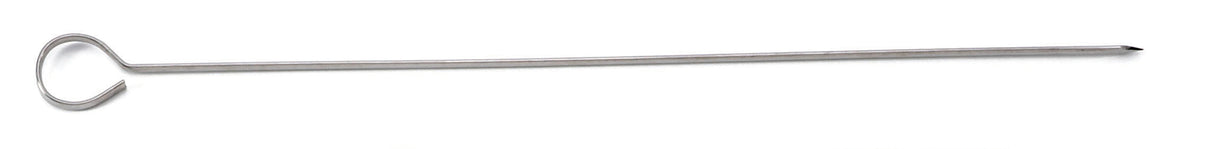 A stainless steel trussing needle with a sharp pointed end and a large looped handle, designed for sewing meat or poultry. The straight, silver needle resembles a skewer and is photographed on a white background.