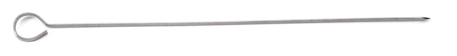 A stainless steel trussing needle with a sharp pointed end and a large looped handle, designed for sewing meat or poultry. The straight, silver needle resembles a skewer and is photographed on a white background.