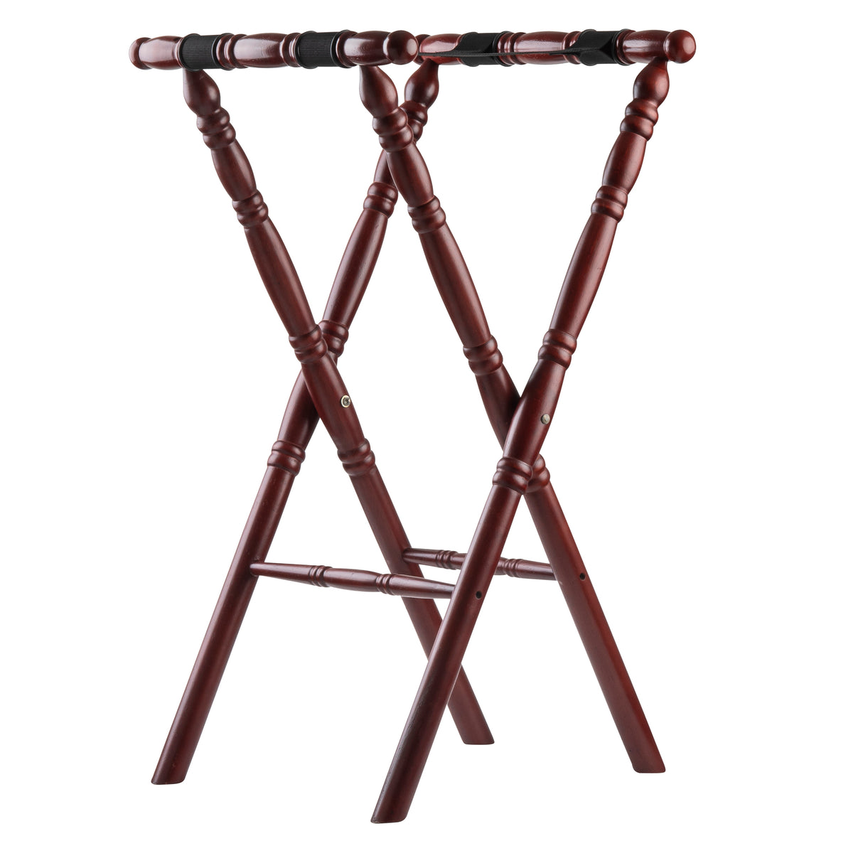 A wooden luggage rack with a rich mahogany finish, featuring turned legs and two thick black slip-proof straps across the top for supporting bags. The rack stands open in an X-shape, with crossbars for stability.
