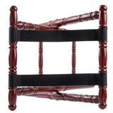 A wooden luggage rack with a rich mahogany finish, viewed from above. It features four turned legs and two parallel black nylon straps across the top for slip-proof support. The overall design is simple and functional.