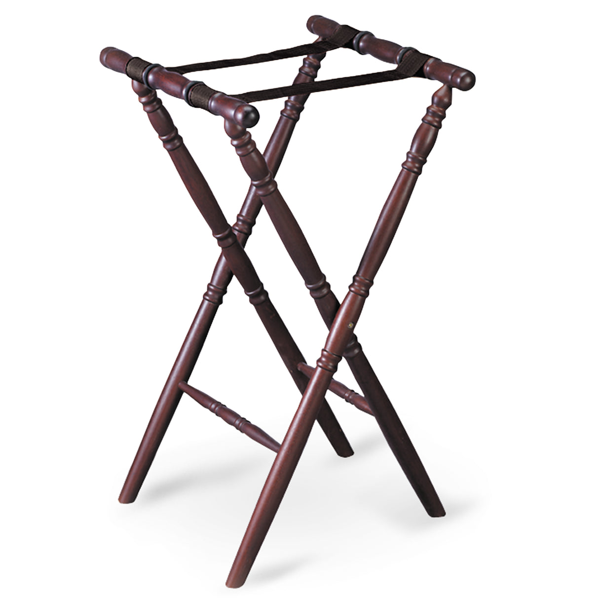 A wooden folding luggage rack with four turned legs and two black fabric straps across the top, featuring a rich mahogany finish. Designed to hold suitcases or serve as a tray stand, the rack stands open against a white background.
