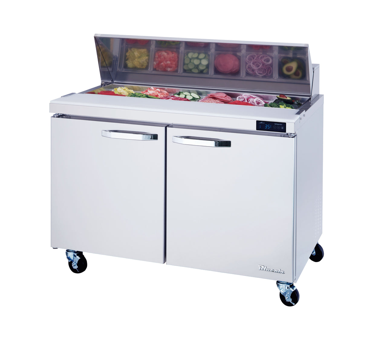 The Blue Air BLPT48-HC Sandwich Prep Table features a stainless steel build, two doors, and a digital display on wheels. Its open top section reveals compartments filled with fresh ingredients, making it an ideal refrigerated prep table for salads or sandwiches.