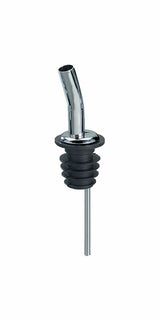 A chrome plated Jet Pourer with a curved, shiny silver top and a black, ribbed rubber base. Angled for easy pouring with a thin tube for bottle insertion. The pour spout is BPA free. Background is plain white.