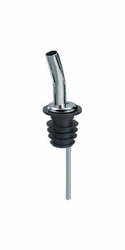 A chrome plated Jet Pourer with a curved, shiny silver top and a black, ribbed rubber base. Angled for easy pouring with a thin tube for bottle insertion. The pour spout is BPA free. Background is plain white.