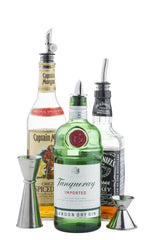 Three liquor bottles—Captain Morgan Original Spiced Rum, Tanqueray London Dry Gin, and Jack Daniel’s Tennessee Whiskey—stand side by side with chrome plated jet pourers. Three BPA free metal jiggers of varying sizes sit in front on a white background.