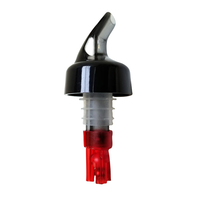 A black and silver TableCraft Products 1 oz plastic pourer with a transparent, ribbed middle section and red base is photographed on a white background. The Proper Pour spout ensures controlled pouring of liquids from bottles.