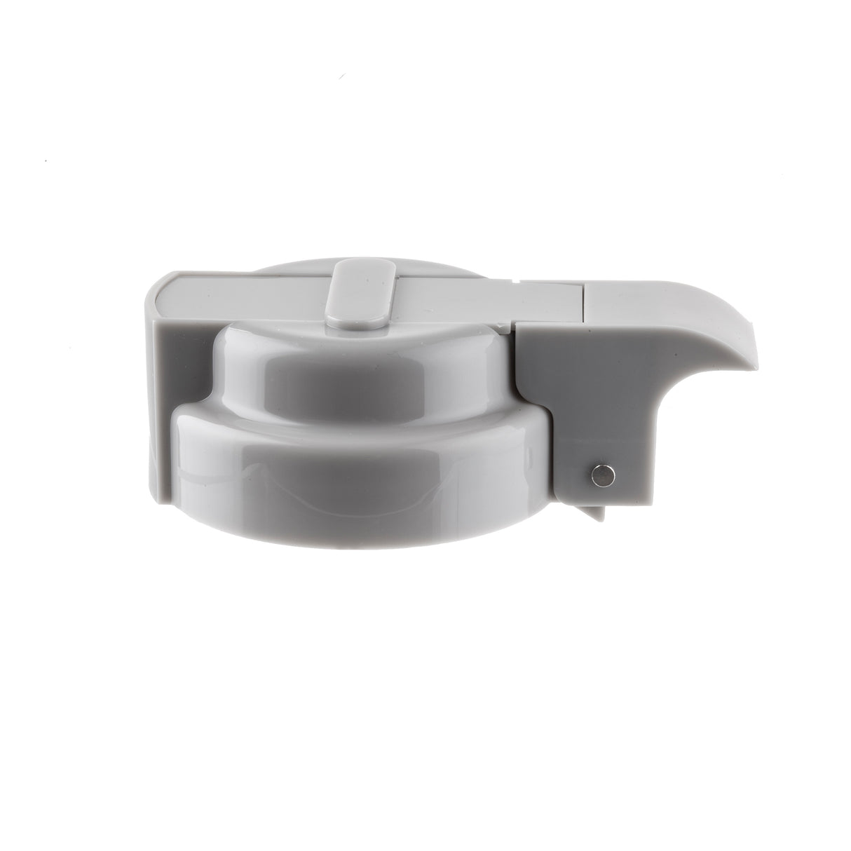 A white plastic Option Dispenser Top spout cap with a flat lever and curved pour lip, shown from the side on a white background. The shiny TableCraft cap features a hinge mechanism for opening and closing and is dishwasher safe.