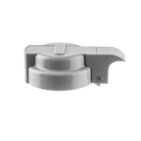 A white plastic Option Dispenser Top spout cap with a flat lever and curved pour lip, shown from the side on a white background. The shiny TableCraft cap features a hinge mechanism for opening and closing and is dishwasher safe.