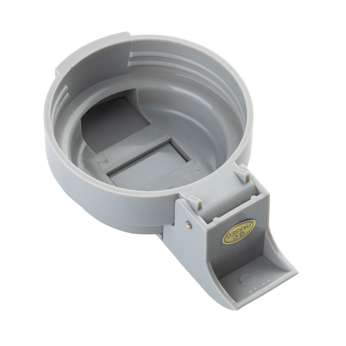 A gray plastic Option Dispenser Top with an open circular design, inner grooves, and a small attached spout labeled “GSI Classic.” The flip-top spout and raised button allow easy pouring. This lid is dishwasher safe for convenient cleaning.