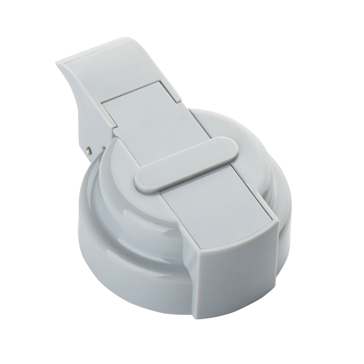 A gray, round plastic Option Dispenser Top with a flat handle and hinged lid, designed by TableCraft. The handle features a rectangular grip and curved edge, making it easy to seal containers. This accessory is dishwasher safe for convenient cleaning.