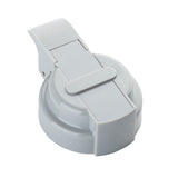 A gray, round plastic Option Dispenser Top with a flat handle and hinged lid, designed by TableCraft. The handle features a rectangular grip and curved edge, making it easy to seal containers. This accessory is dishwasher safe for convenient cleaning.