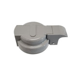 A gray plastic flip-top bottle cap, featuring an Option Dispenser Top, is shown closed. The cap has a flat, rectangular flip-tab on top and a smooth, round base. The hinge and clasp mechanism are visible. The background is plain white.