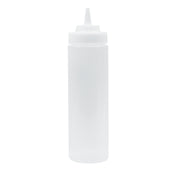 A clear, empty 24 oz squeeze bottle with a pointed nozzle tip and screw-on cap stands upright against a plain white background. This cylindrical, translucent WideMouth Squeeze Bottle is typically used for condiments or sauces and is dishwasher safe.