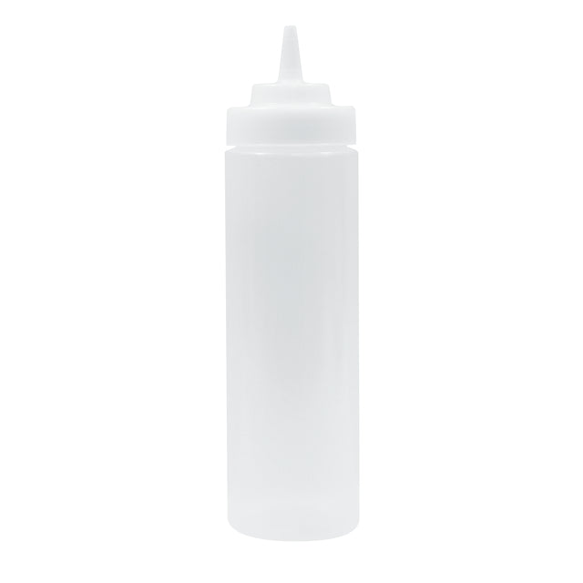 A clear, empty 24 oz squeeze bottle with a pointed nozzle tip and screw-on cap stands upright against a plain white background. This cylindrical, translucent WideMouth Squeeze Bottle is typically used for condiments or sauces and is dishwasher safe.