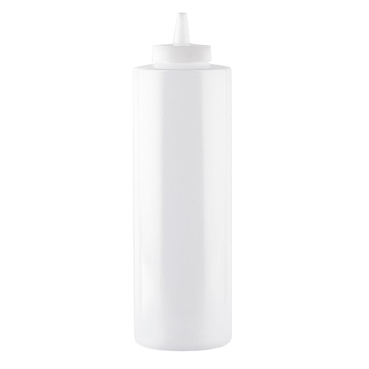 A plain, clear 24 oz. Squeeze Bottle with a white, pointed nozzle cap. Cylindrical and unlabeled, it stands upright against a white background. Dishwasher safe and ideal for dispensing condiments or sauces.